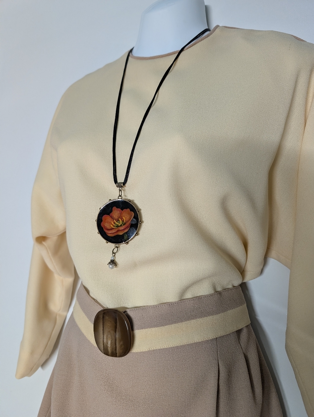 Cream and Taupe Pencil Skirt Bat Wing Dress Classic Vintage Handmade Classic - Picture 14 of 15